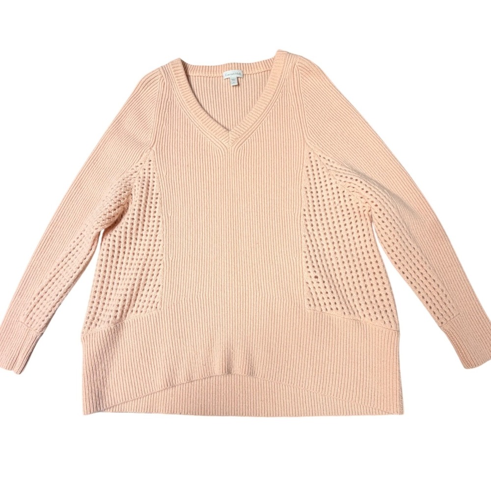Garnet Hill V-Neck Sweater Small Peach 100% Cashmere Ribbed Pointelle High-Low